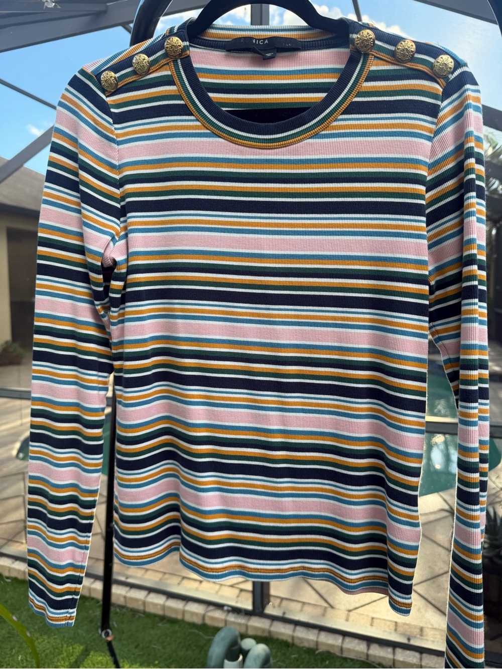 Veronica Beard Mayer Striped Long-Sleeve Ribbed Top w/Gold Buttons